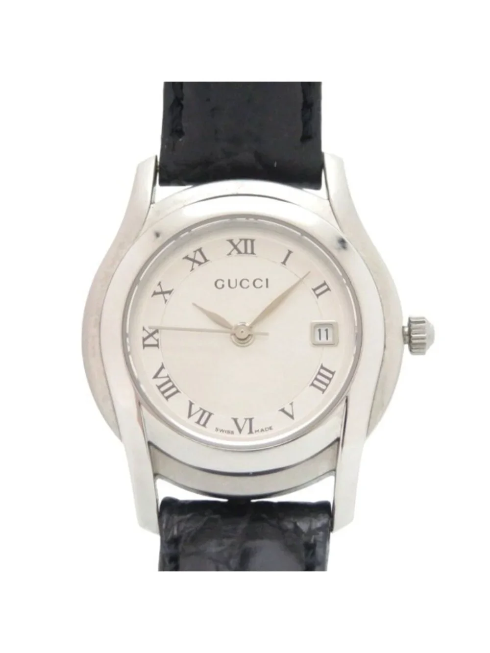 Gucci SS Embossed Leather Silver Black Quartz Watch